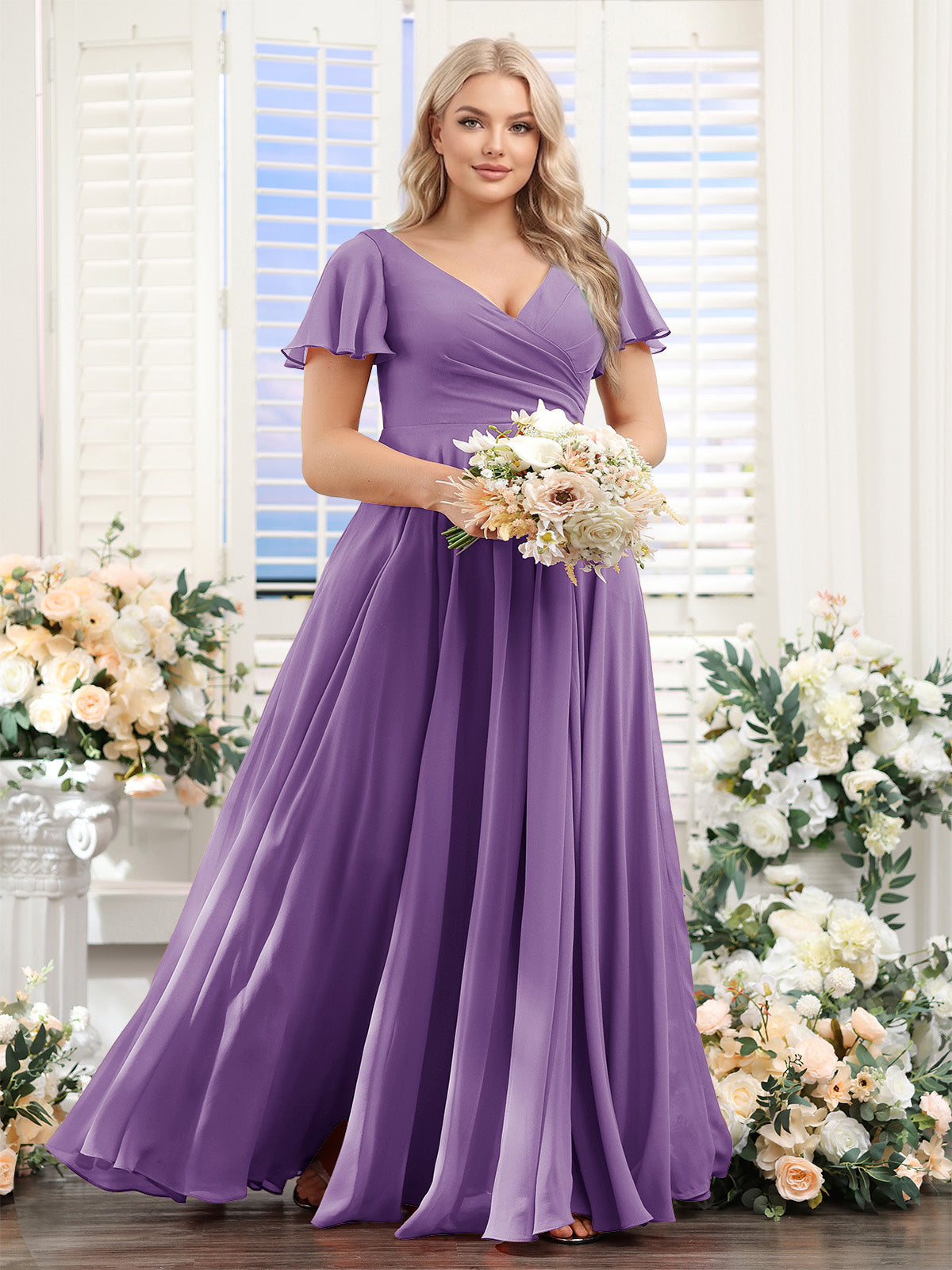 A Line V Neck Short Sleeves Split Side Ruched Chiffon Plus Size Bridesmaid Dresses