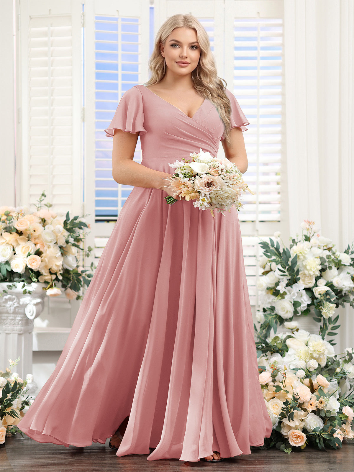 A Line V Neck Short Sleeves Split Side Ruched Chiffon Plus Size Bridesmaid Dresses
