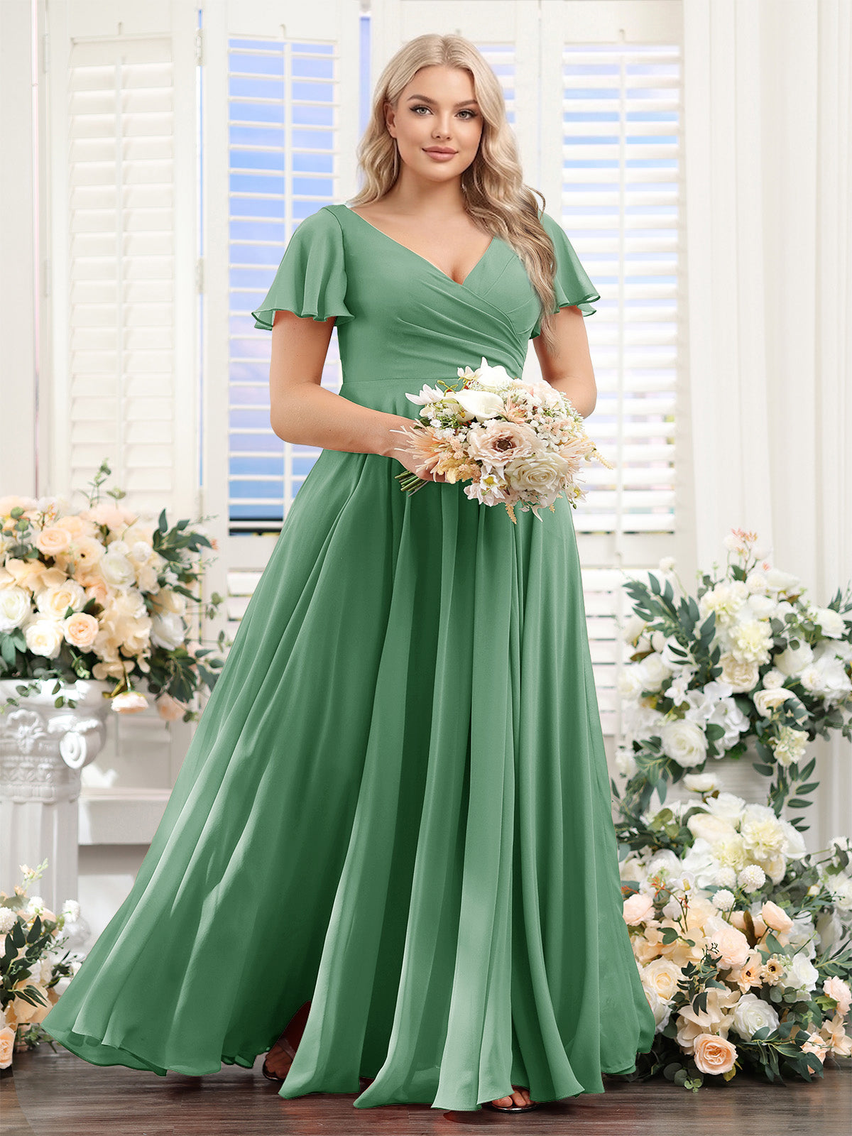 A Line V Neck Short Sleeves Split Side Ruched Chiffon Plus Size Bridesmaid Dresses
