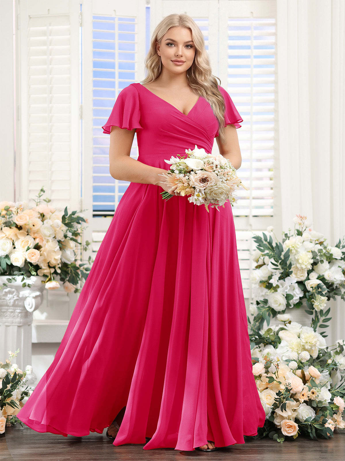 A Line V Neck Short Sleeves Split Side Ruched Chiffon Plus Size Bridesmaid Dresses
