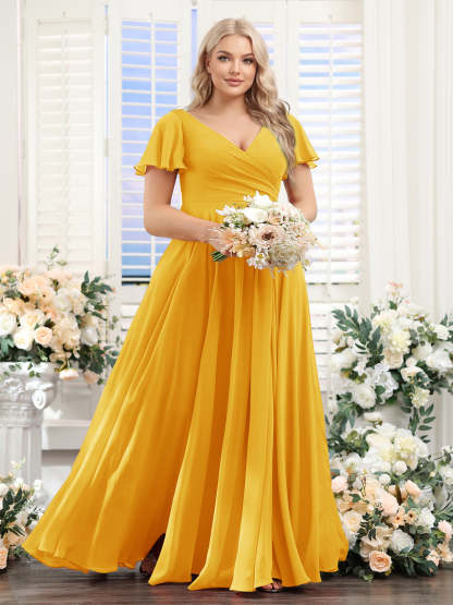 A Line V Neck Short Sleeves Split Side Ruched Chiffon Plus Size Bridesmaid Dresses