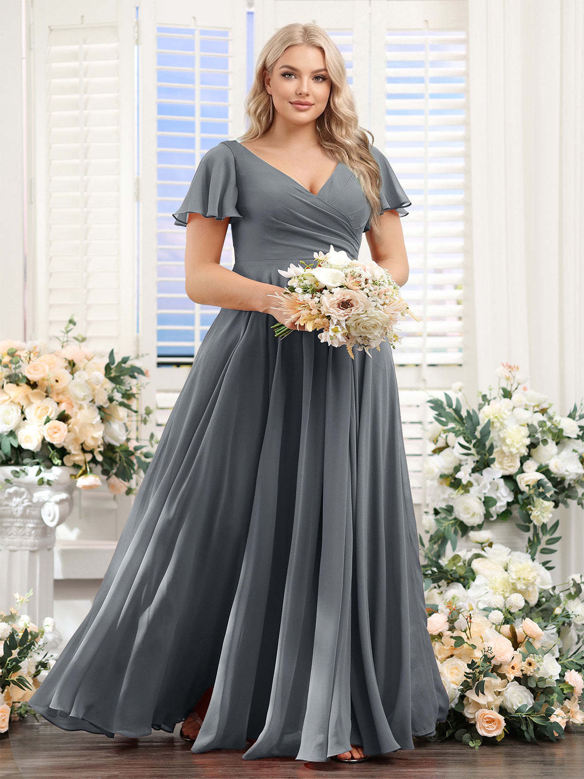 A Line V Neck Short Sleeves Split Side Ruched Chiffon Plus Size Bridesmaid Dresses