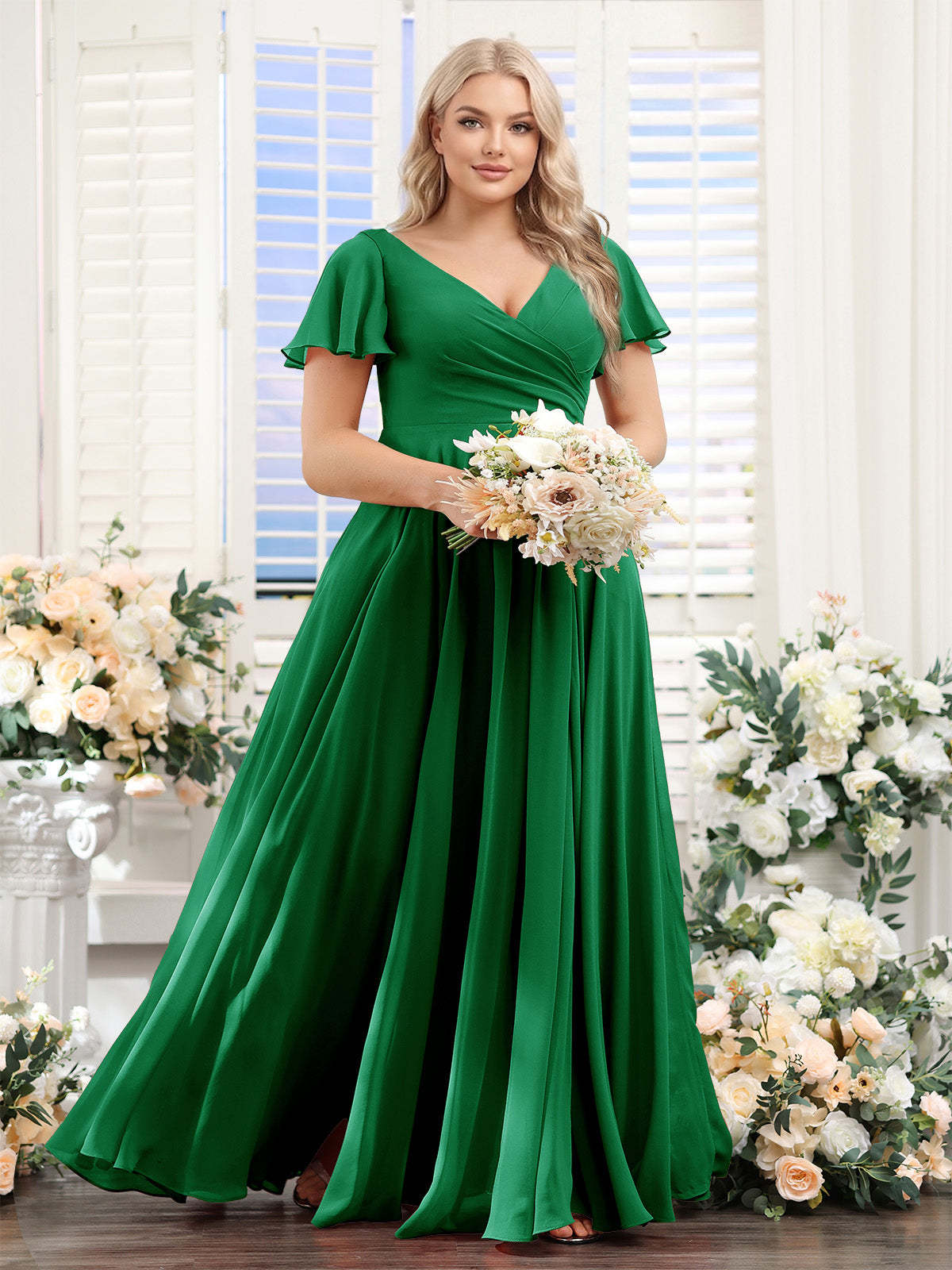 A Line V Neck Short Sleeves Split Side Ruched Chiffon Plus Size Bridesmaid Dresses