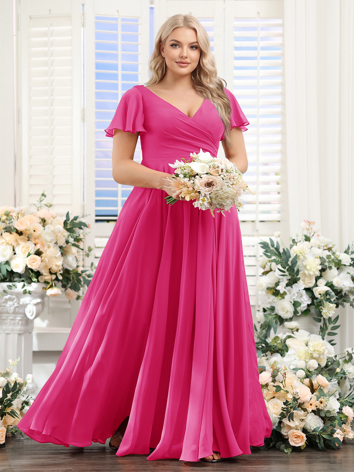 A Line V Neck Short Sleeves Split Side Ruched Chiffon Plus Size Bridesmaid Dresses