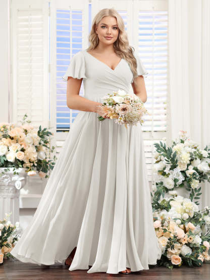 A Line V Neck Short Sleeves Split Side Ruched Chiffon Plus Size Bridesmaid Dresses