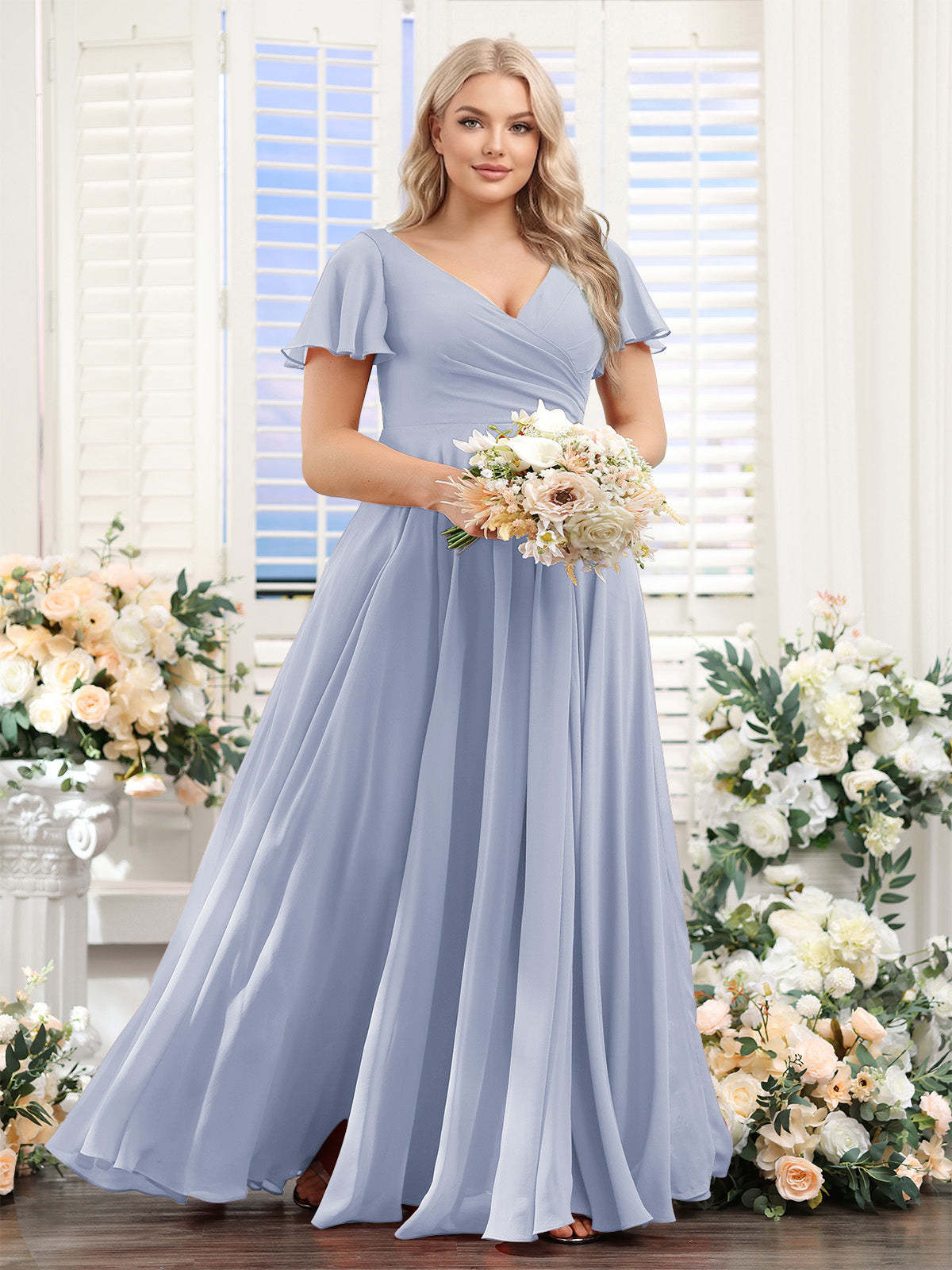 A Line V Neck Short Sleeves Split Side Ruched Chiffon Plus Size Bridesmaid Dresses