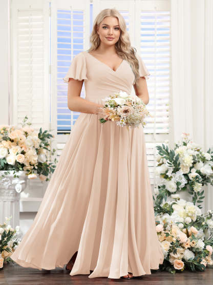 A Line V Neck Short Sleeves Split Side Ruched Chiffon Plus Size Bridesmaid Dresses