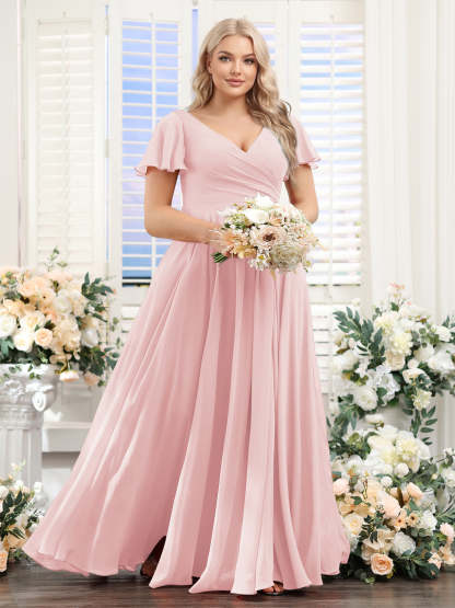 A Line V Neck Short Sleeves Split Side Ruched Chiffon Plus Size Bridesmaid Dresses