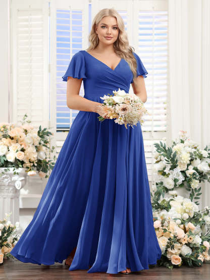 A Line V Neck Short Sleeves Split Side Ruched Chiffon Plus Size Bridesmaid Dresses
