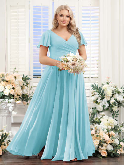 A Line V Neck Short Sleeves Split Side Ruched Chiffon Plus Size Bridesmaid Dresses
