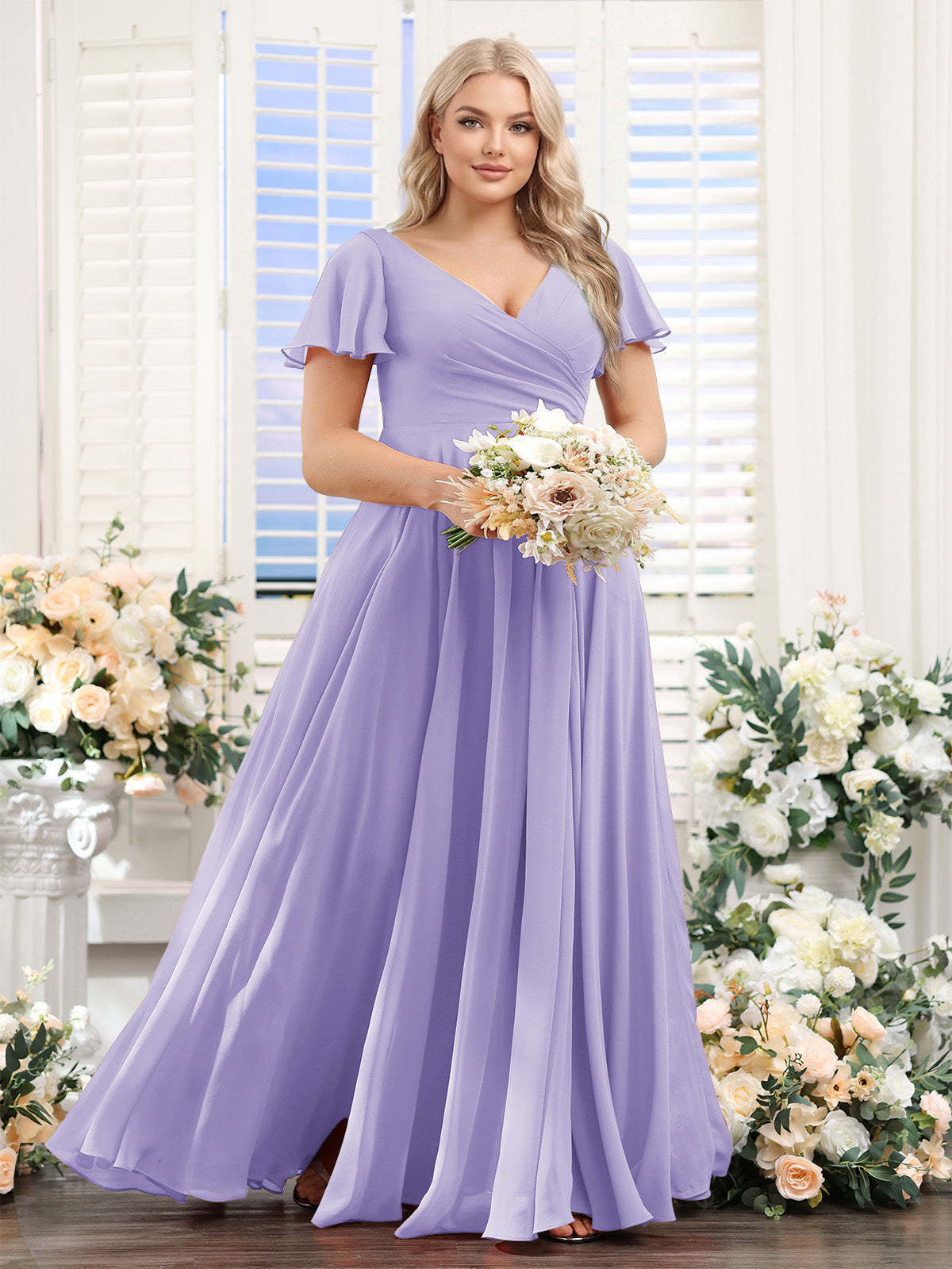 A Line V Neck Short Sleeves Split Side Ruched Chiffon Plus Size Bridesmaid Dresses