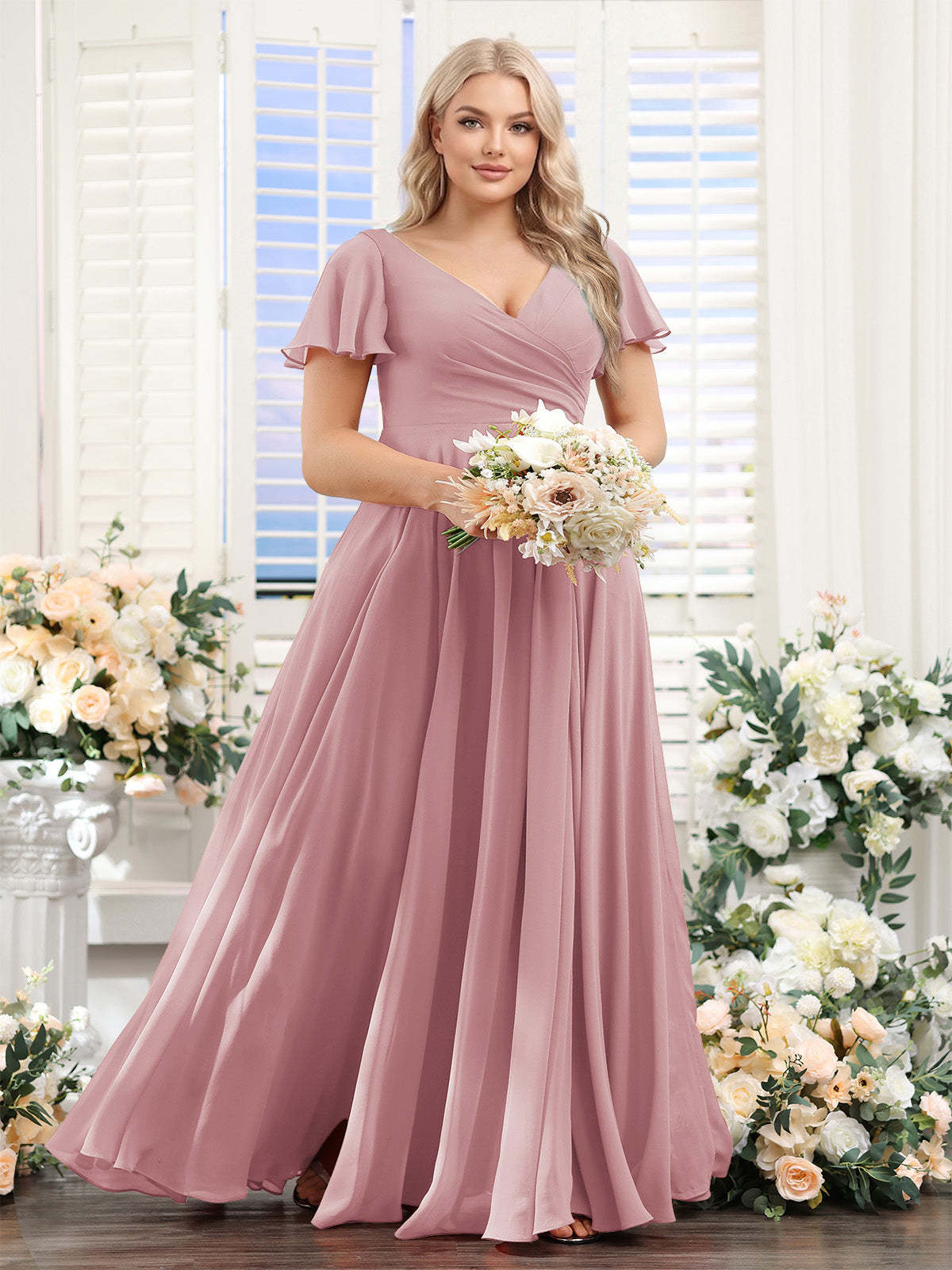 A Line V Neck Short Sleeves Split Side Ruched Chiffon Plus Size Bridesmaid Dresses