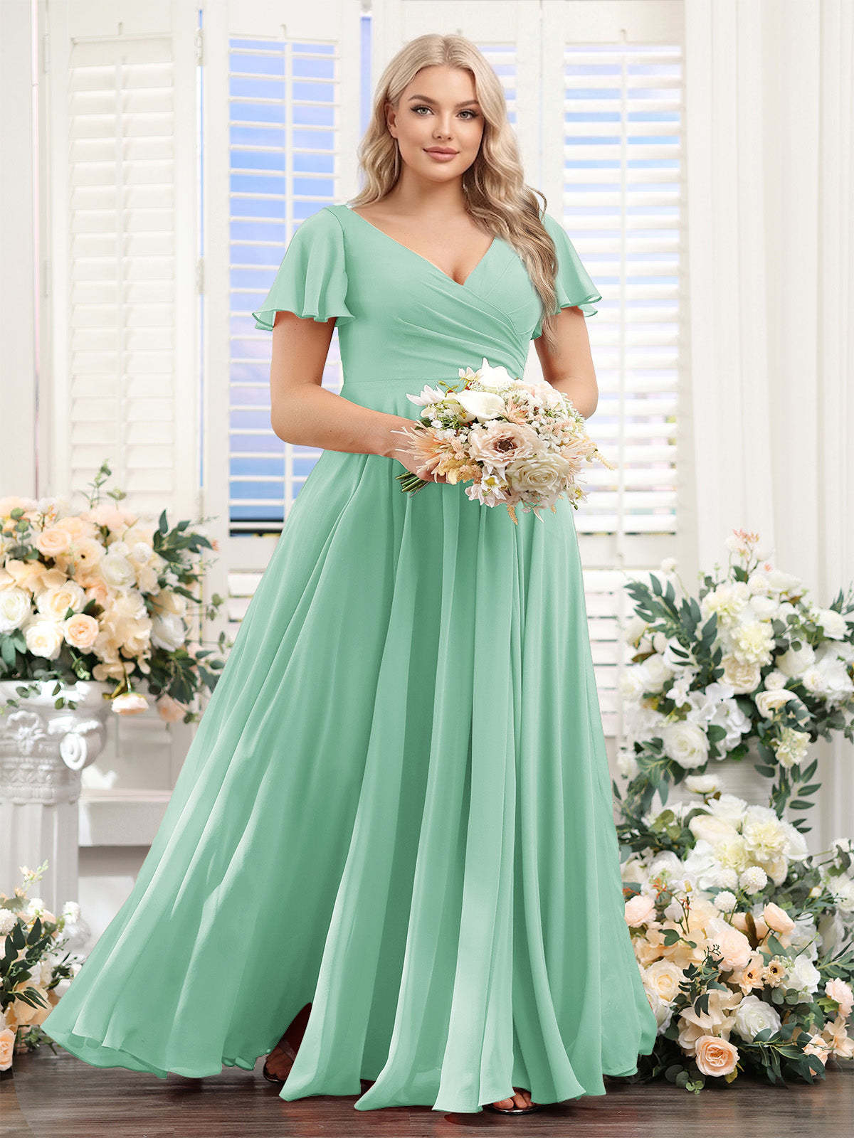 A Line V Neck Short Sleeves Split Side Ruched Chiffon Plus Size Bridesmaid Dresses