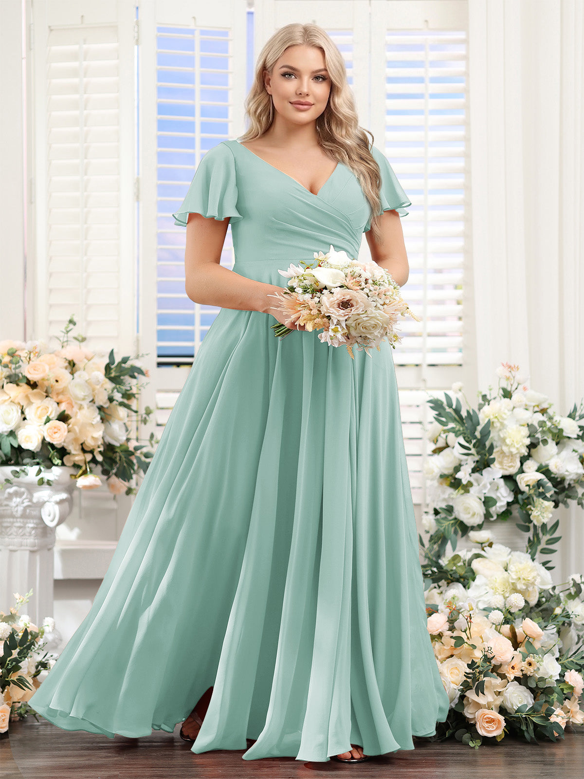 A Line V Neck Short Sleeves Split Side Ruched Chiffon Plus Size Bridesmaid Dresses