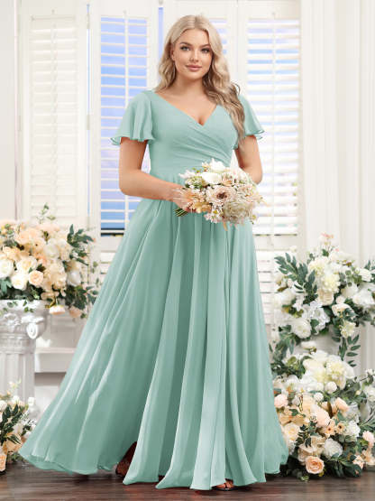 A Line V Neck Short Sleeves Split Side Ruched Chiffon Plus Size Bridesmaid Dresses