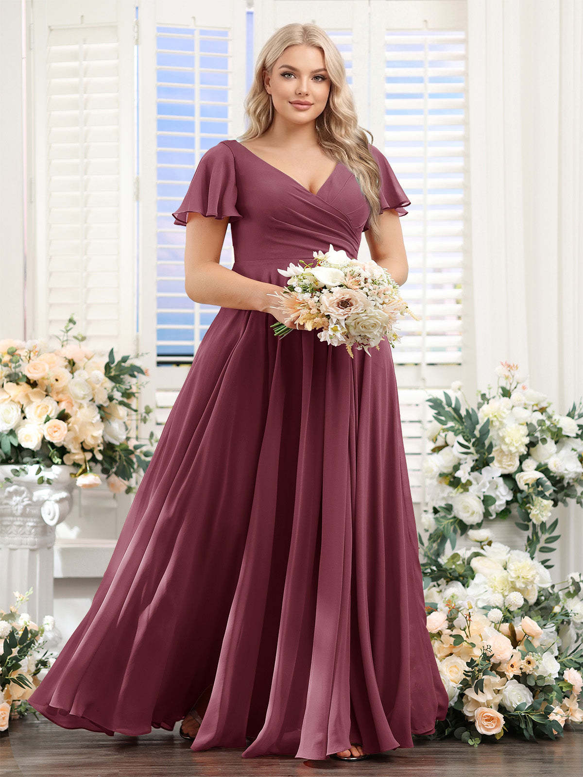 A Line V Neck Short Sleeves Split Side Ruched Chiffon Plus Size Bridesmaid Dresses