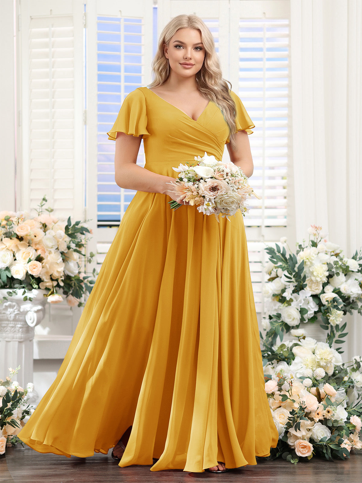A Line V Neck Short Sleeves Split Side Ruched Chiffon Plus Size Bridesmaid Dresses