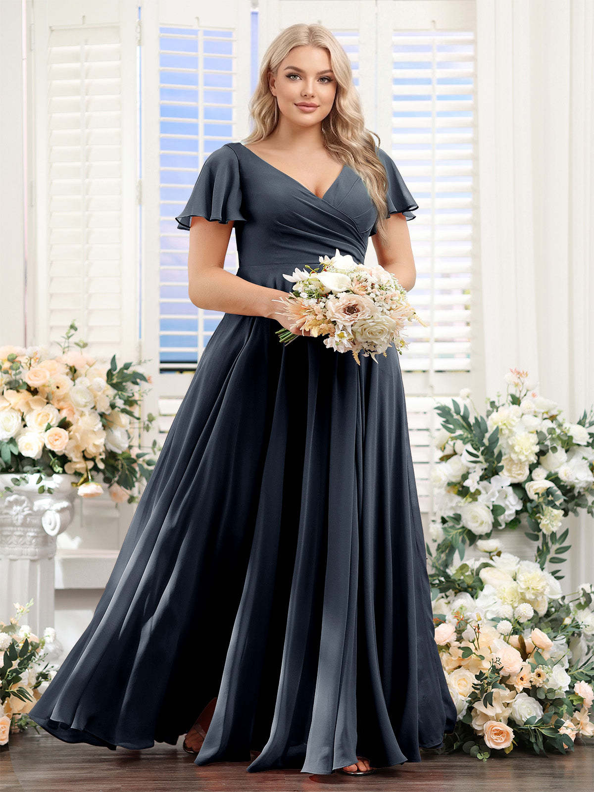 A Line V Neck Short Sleeves Split Side Ruched Chiffon Plus Size Bridesmaid Dresses