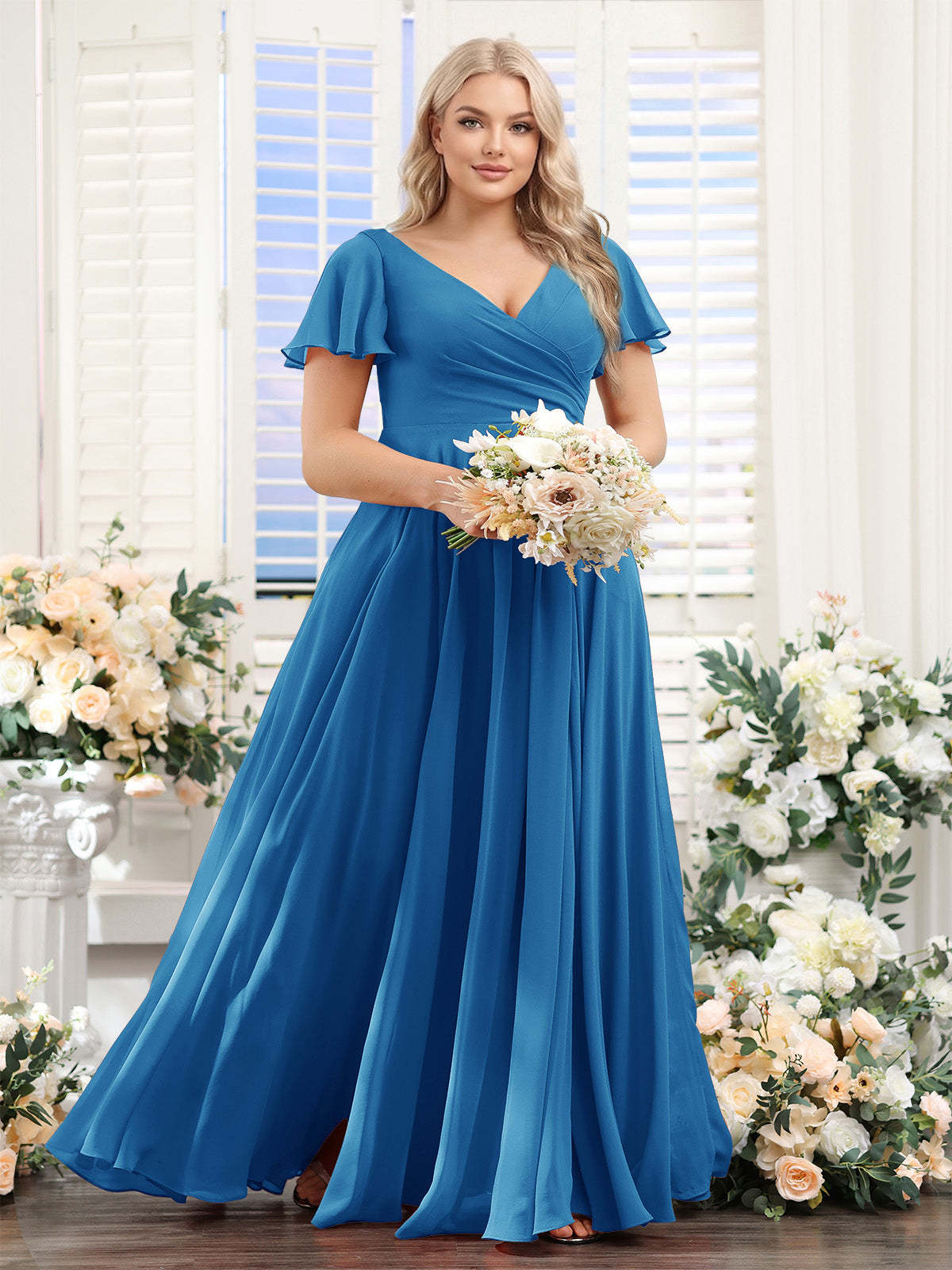 A Line V Neck Short Sleeves Split Side Ruched Chiffon Plus Size Bridesmaid Dresses