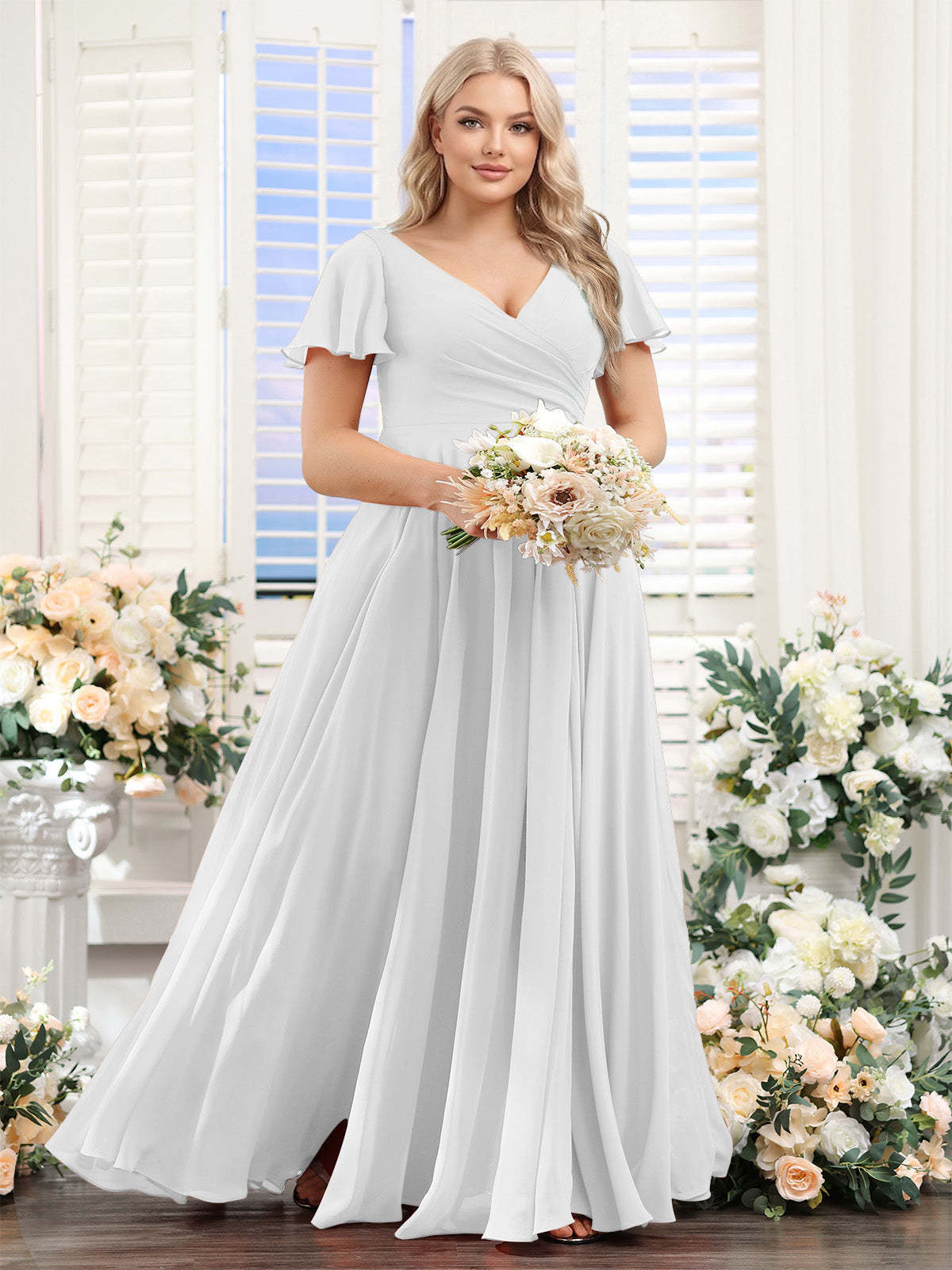 A Line V Neck Short Sleeves Split Side Ruched Chiffon Plus Size Bridesmaid Dresses