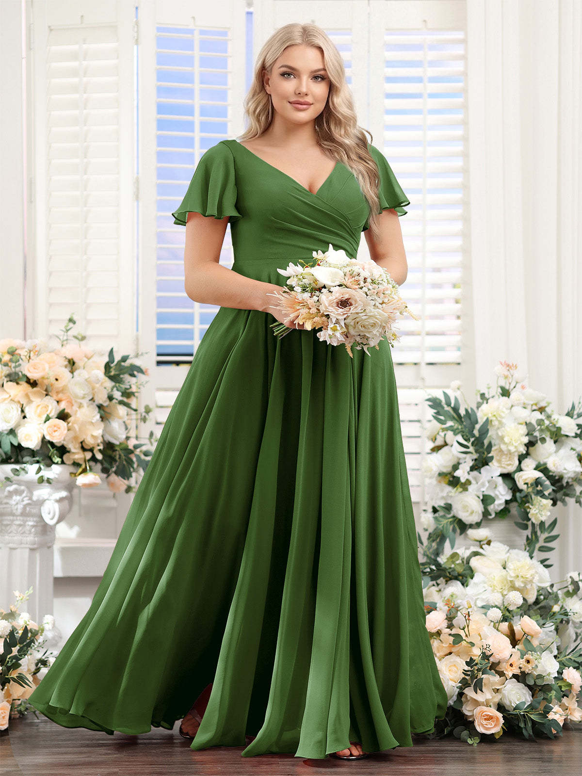 A Line V Neck Short Sleeves Split Side Ruched Chiffon Plus Size Bridesmaid Dresses