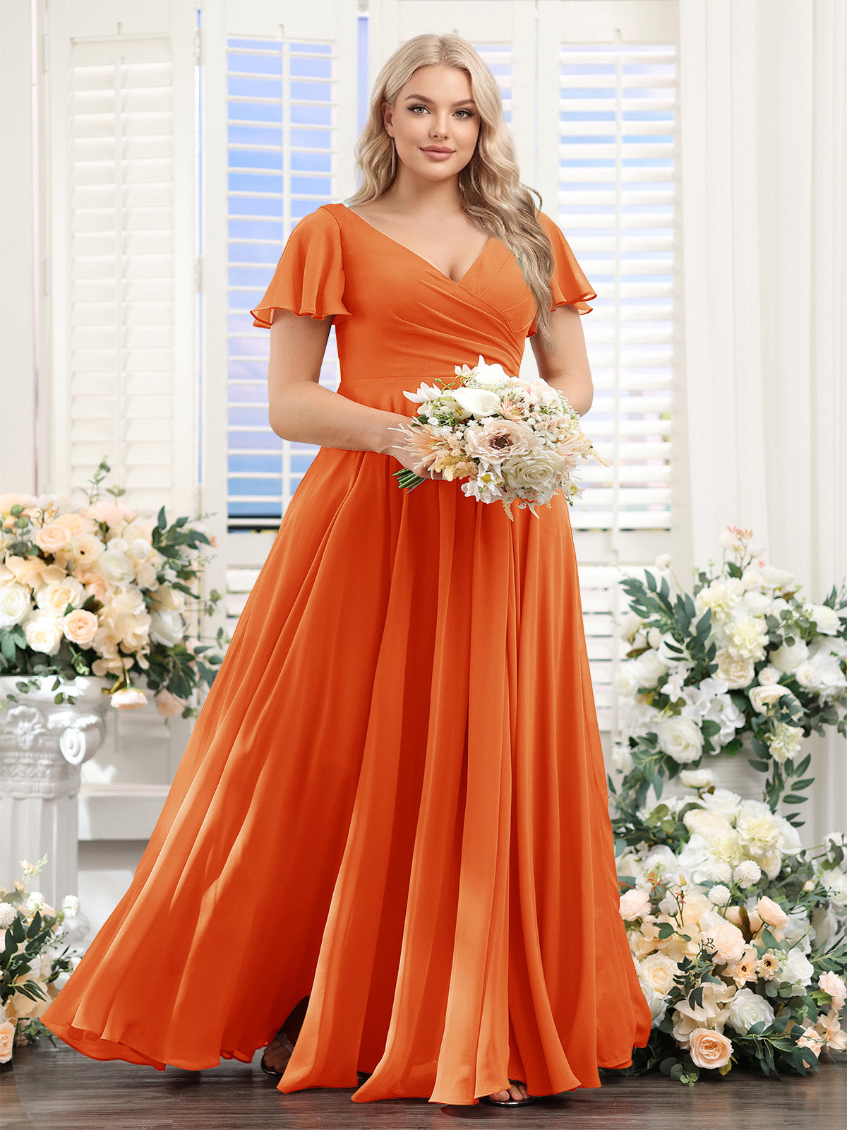 A Line V Neck Short Sleeves Split Side Ruched Chiffon Plus Size Bridesmaid Dresses