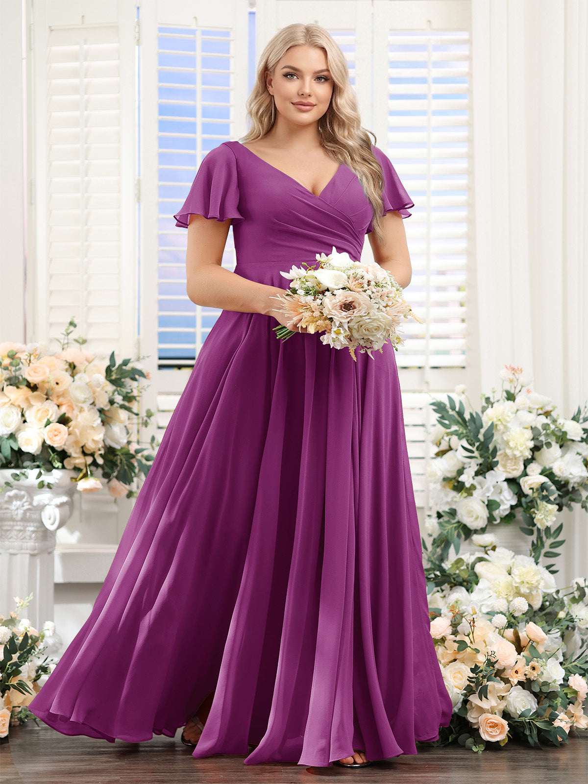 A Line V Neck Short Sleeves Split Side Ruched Chiffon Plus Size Bridesmaid Dresses