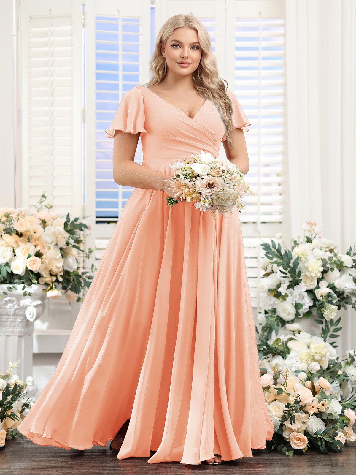 A Line V Neck Short Sleeves Split Side Ruched Chiffon Plus Size Bridesmaid Dresses