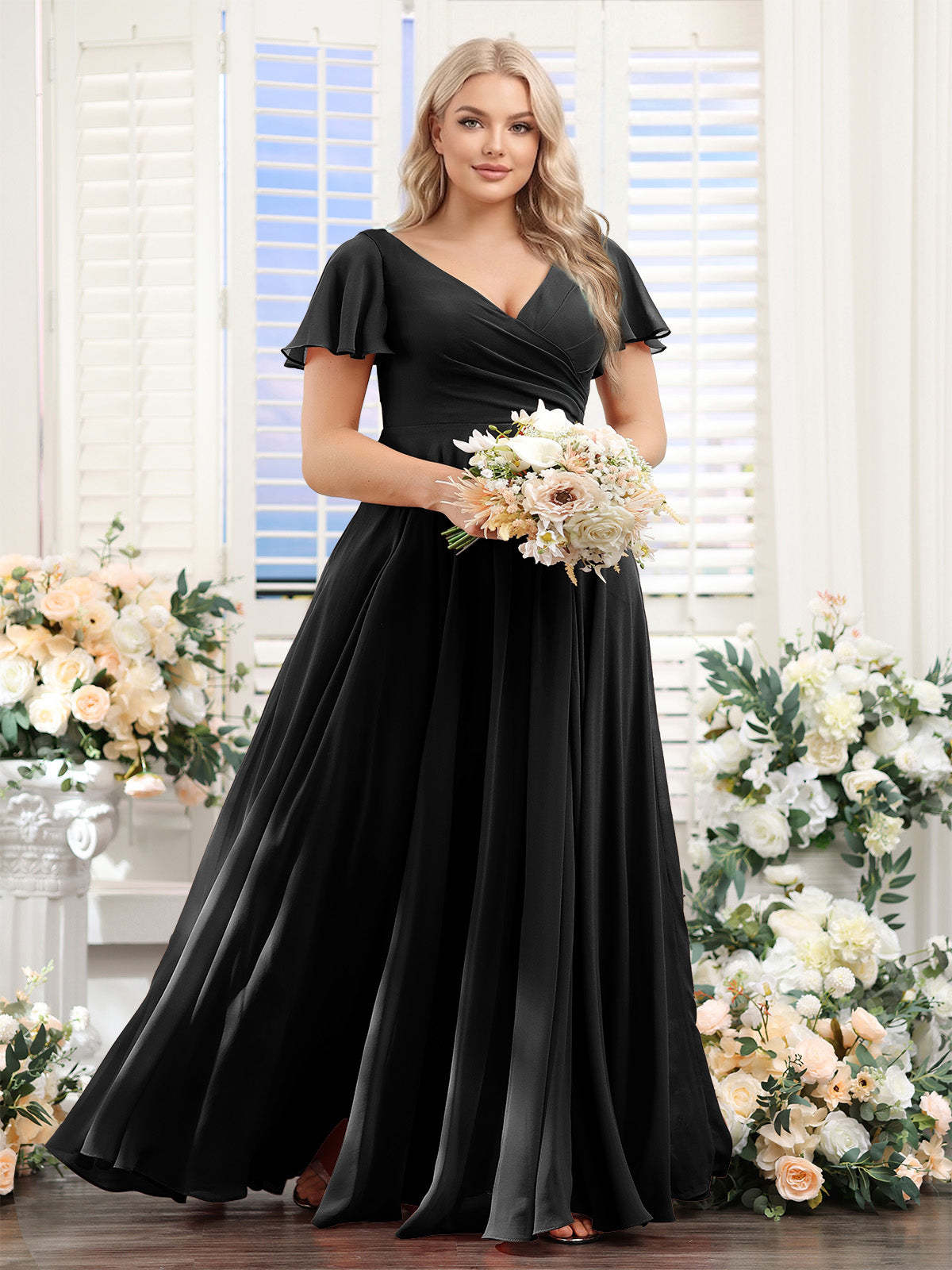 A Line V Neck Short Sleeves Split Side Ruched Chiffon Plus Size Bridesmaid Dresses