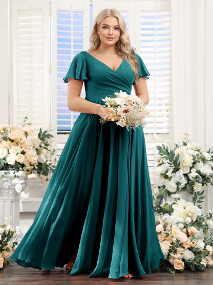 A Line V Neck Short Sleeves Split Side Ruched Chiffon Plus Size Bridesmaid Dresses
