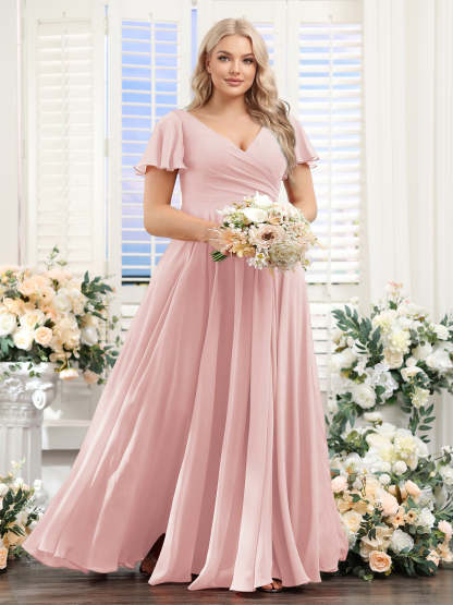 A Line V Neck Short Sleeves Split Side Ruched Chiffon Plus Size Bridesmaid Dresses
