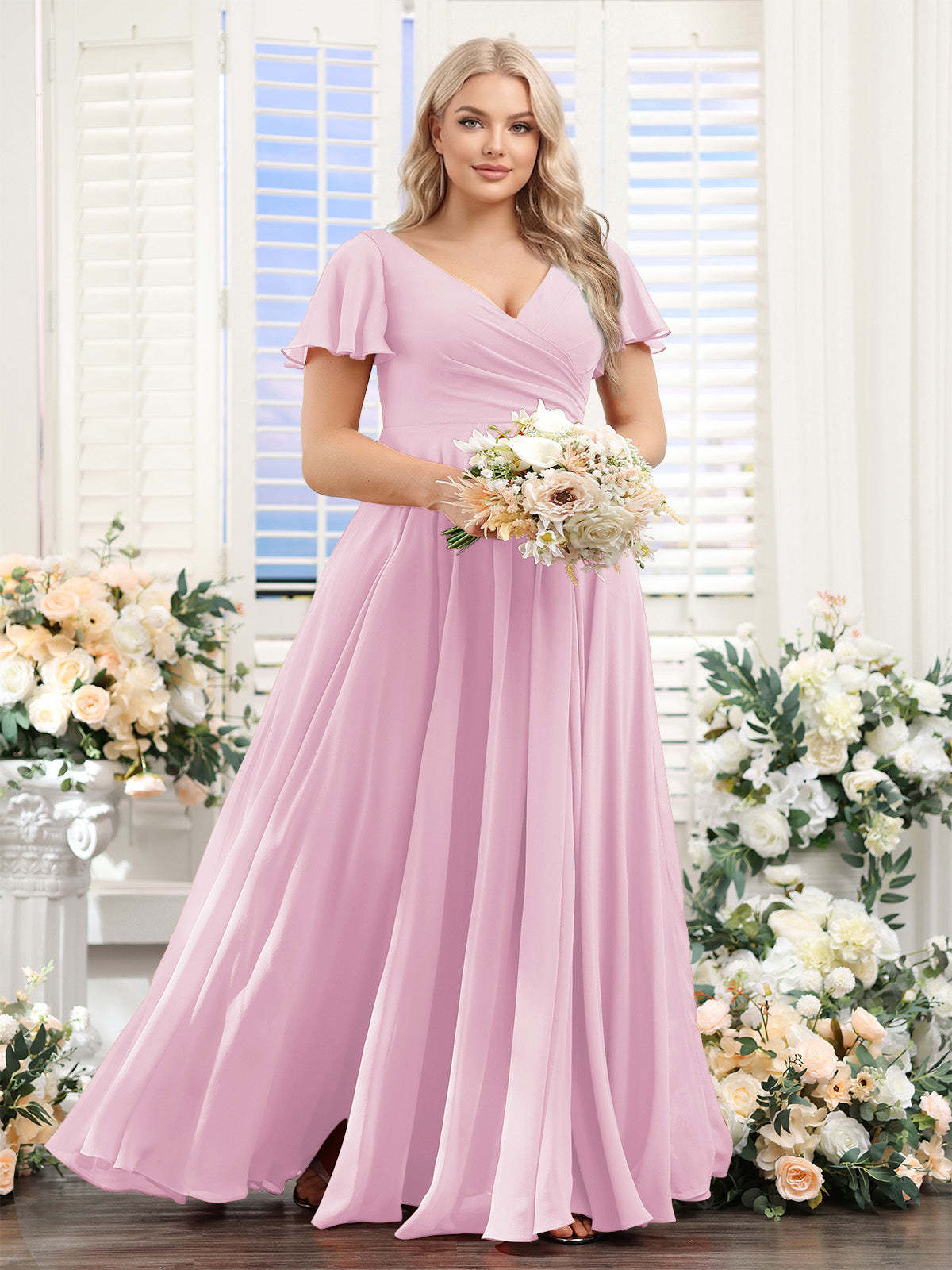 A Line V Neck Short Sleeves Split Side Ruched Chiffon Plus Size Bridesmaid Dresses