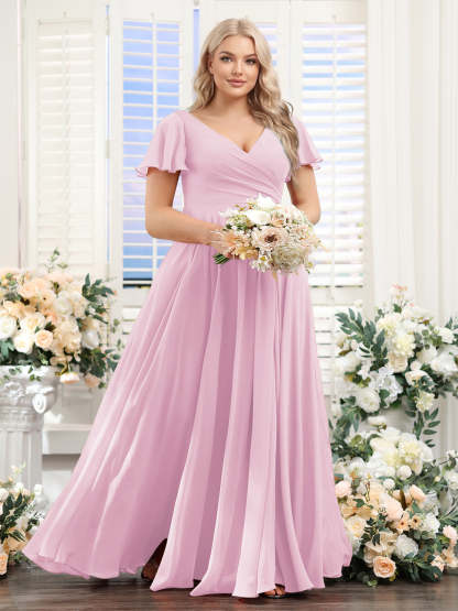 A Line V Neck Short Sleeves Split Side Ruched Chiffon Plus Size Bridesmaid Dresses