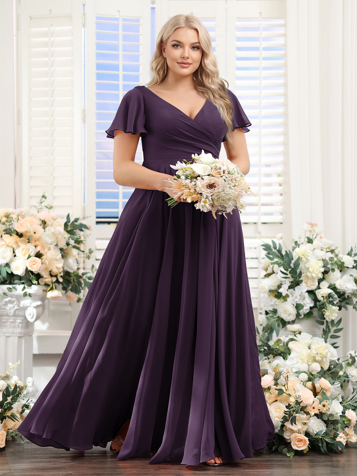 A Line V Neck Short Sleeves Split Side Ruched Chiffon Plus Size Bridesmaid Dresses