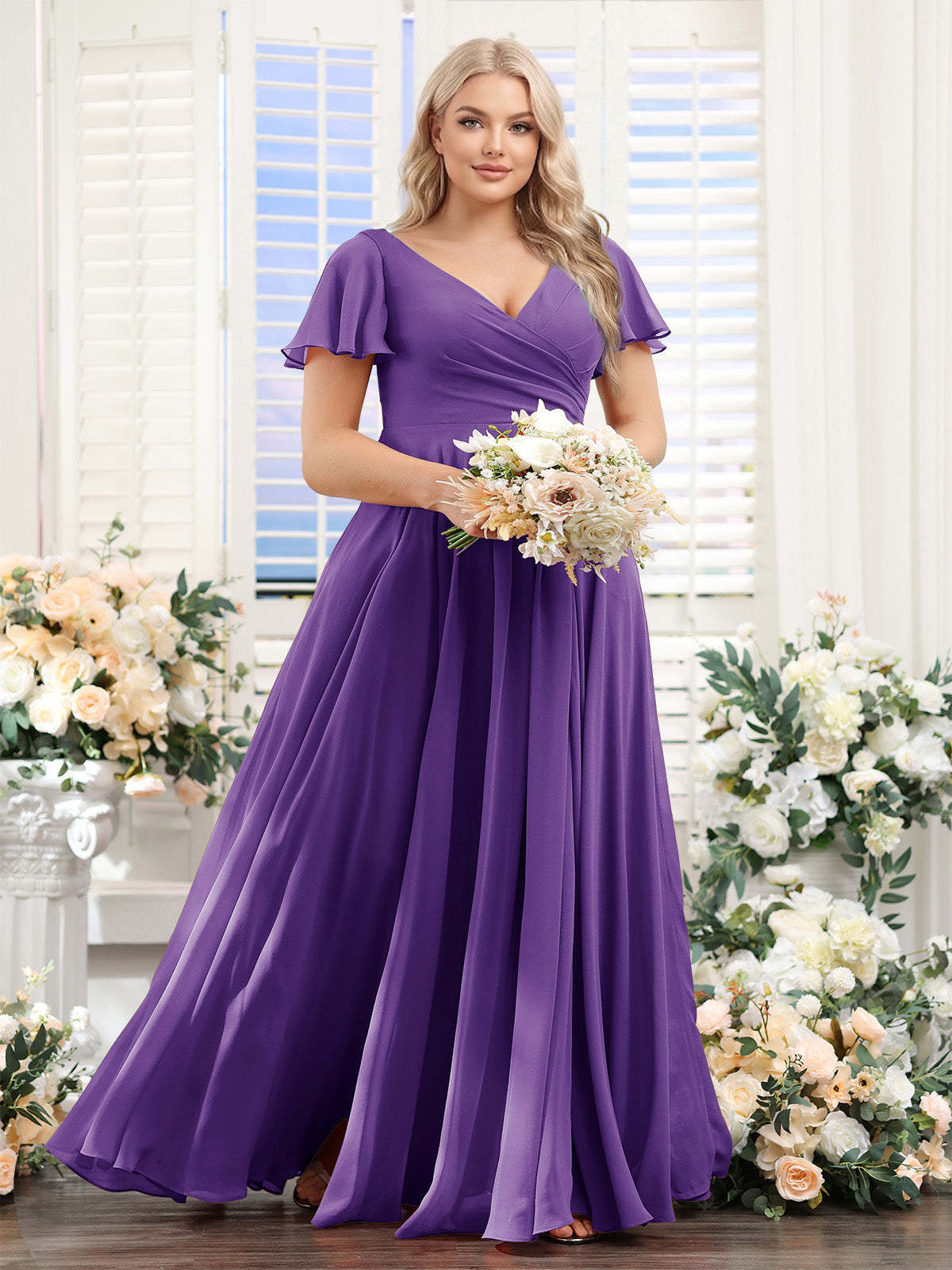 A Line V Neck Short Sleeves Split Side Ruched Chiffon Plus Size Bridesmaid Dresses