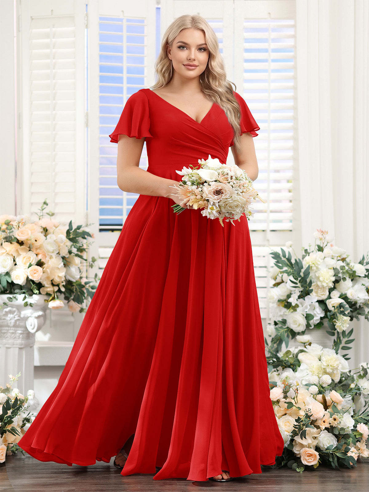 A Line V Neck Short Sleeves Split Side Ruched Chiffon Plus Size Bridesmaid Dresses