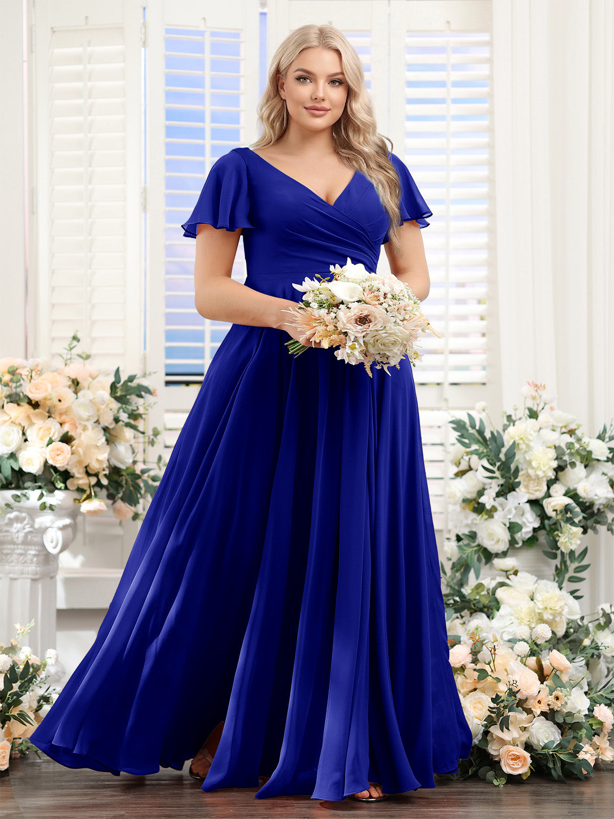 A Line V Neck Short Sleeves Split Side Ruched Chiffon Plus Size Bridesmaid Dresses