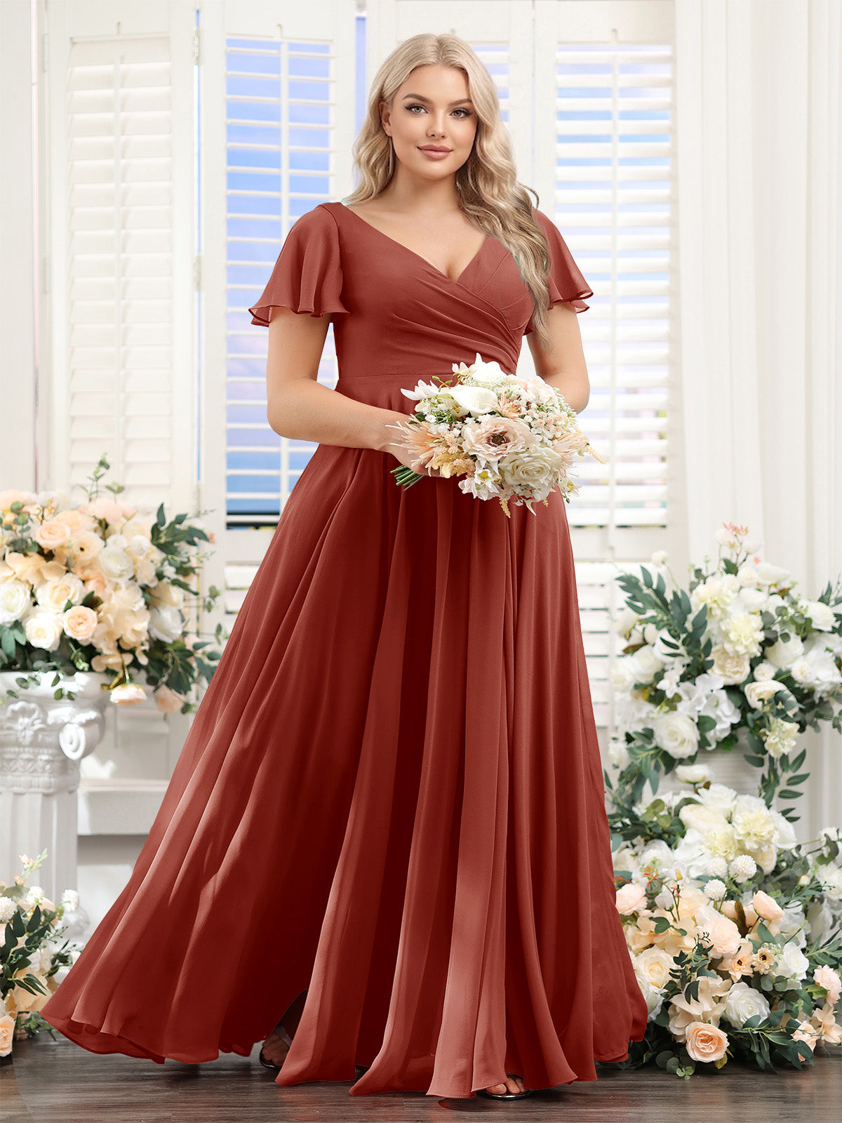 A Line V Neck Short Sleeves Split Side Ruched Chiffon Plus Size Bridesmaid Dresses