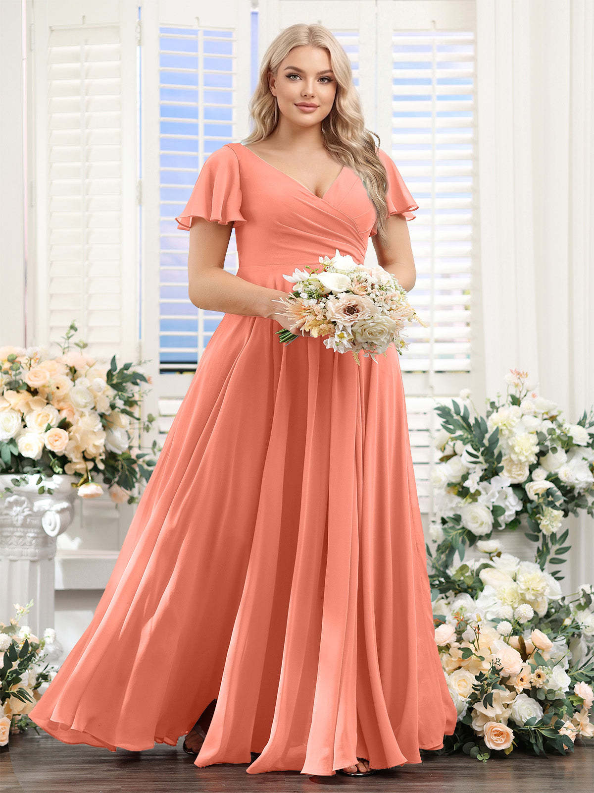 A Line V Neck Short Sleeves Split Side Ruched Chiffon Plus Size Bridesmaid Dresses