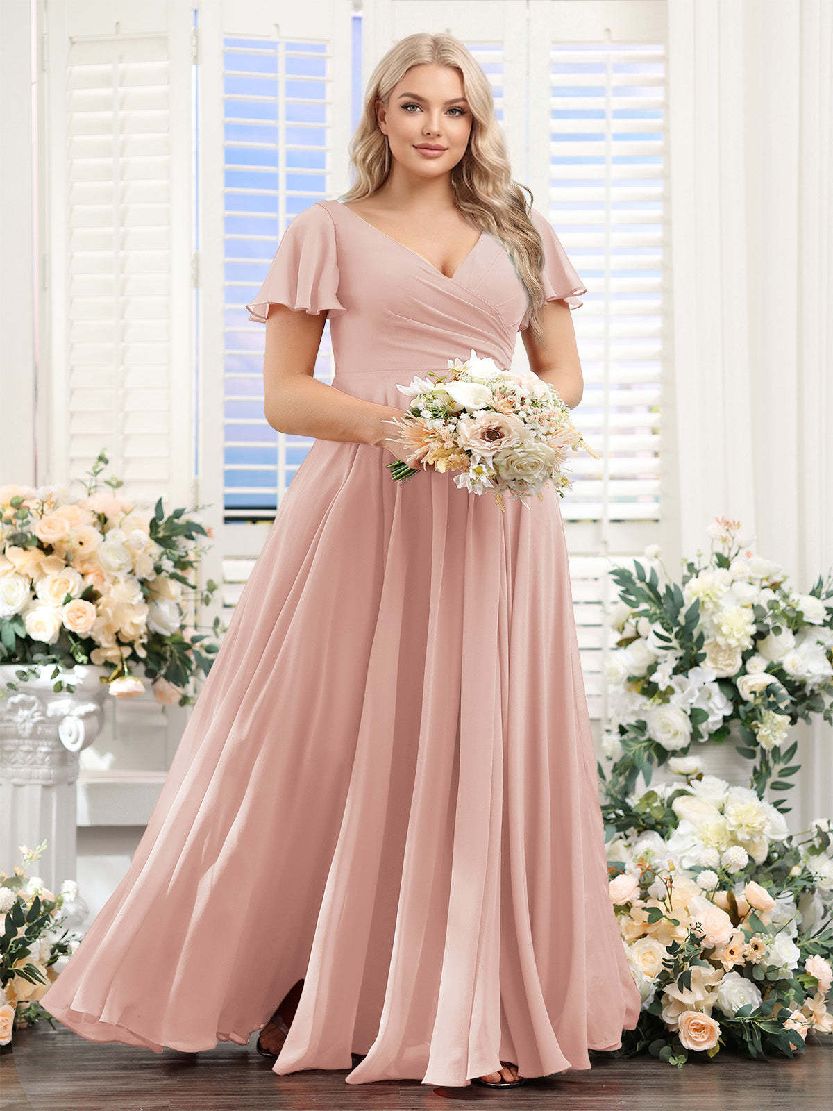A Line V Neck Short Sleeves Split Side Ruched Chiffon Plus Size Bridesmaid Dresses