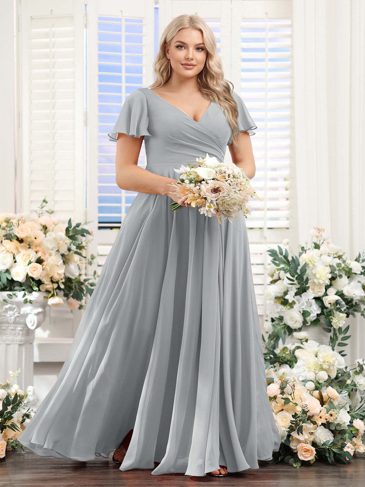 A Line V Neck Short Sleeves Split Side Ruched Chiffon Plus Size Bridesmaid Dresses