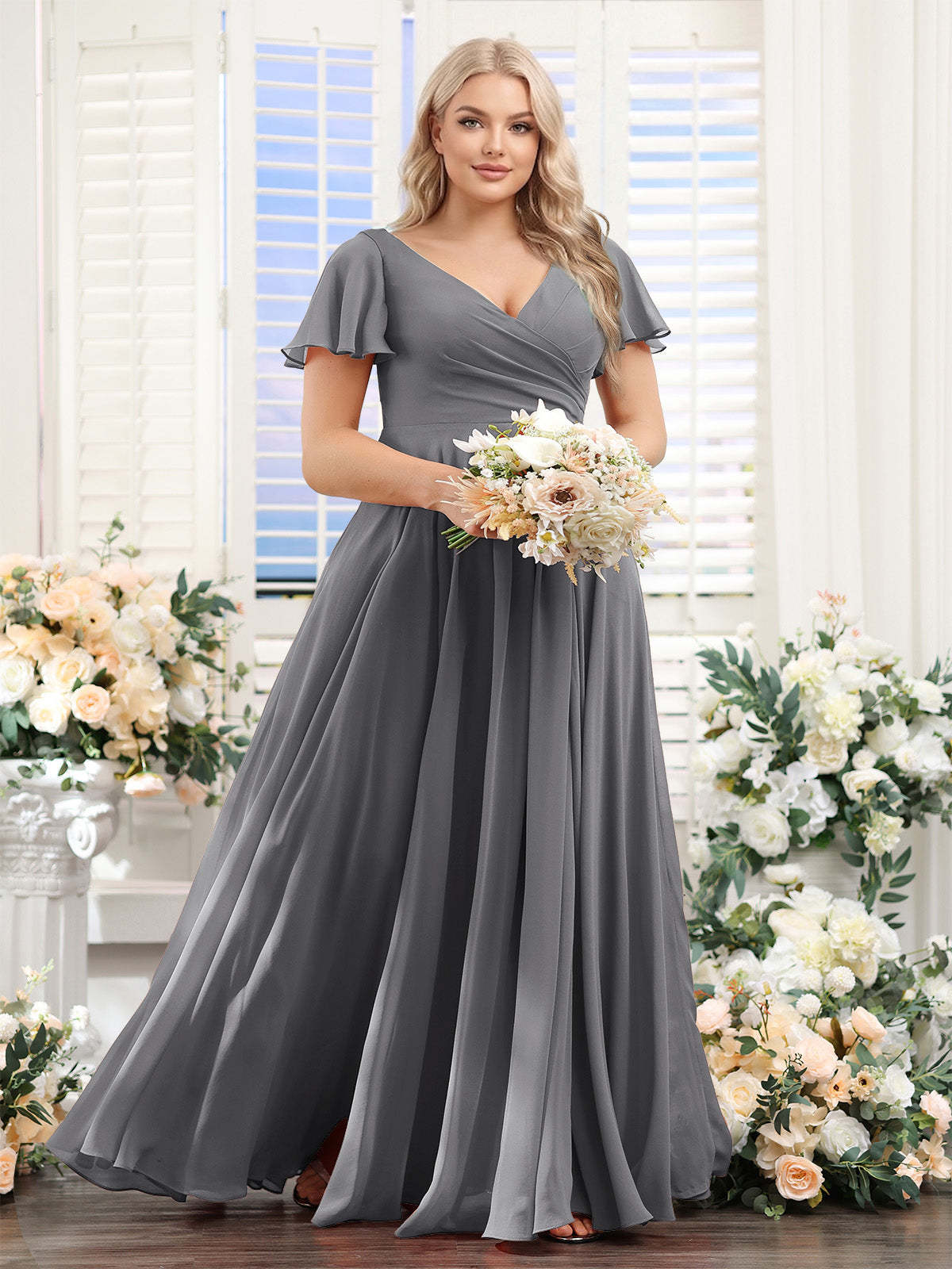 A Line V Neck Short Sleeves Split Side Ruched Chiffon Plus Size Bridesmaid Dresses