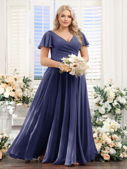 A Line V Neck Short Sleeves Split Side Ruched Chiffon Plus Size Bridesmaid Dresses