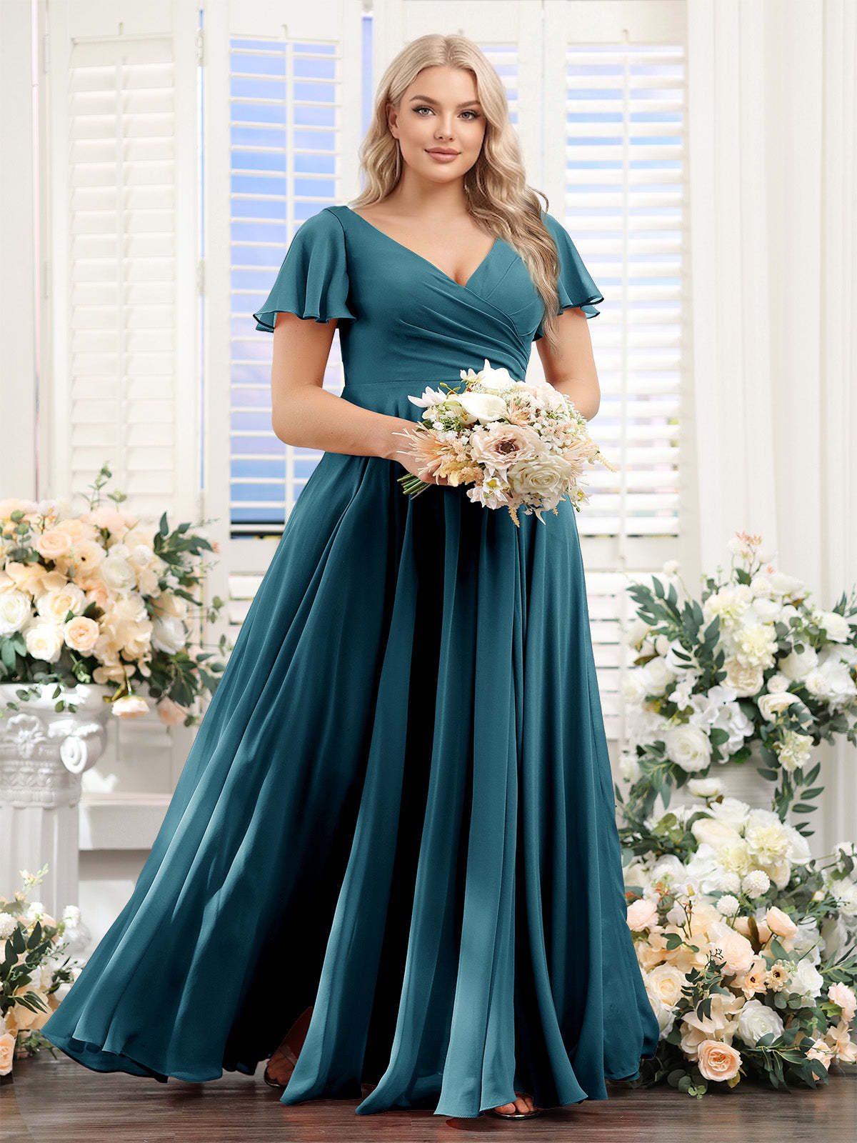 A Line V Neck Short Sleeves Split Side Ruched Chiffon Plus Size Bridesmaid Dresses