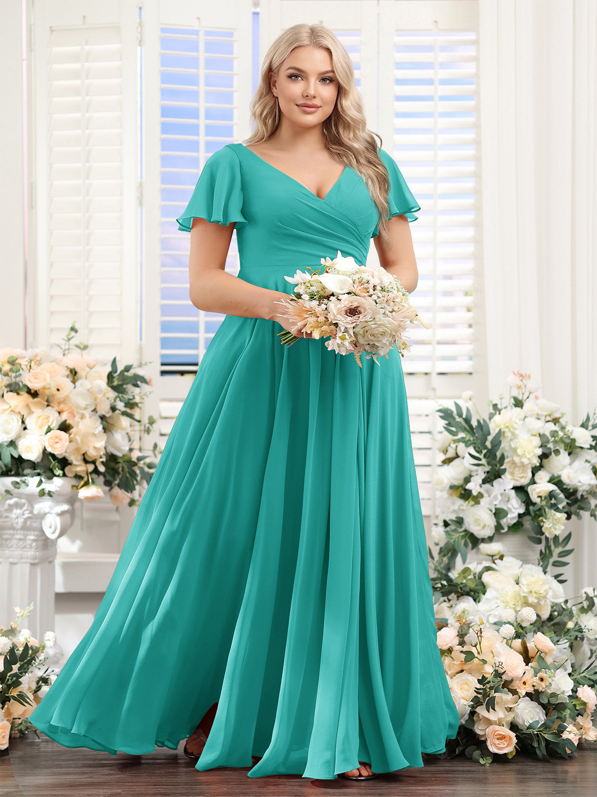 A Line V Neck Short Sleeves Split Side Ruched Chiffon Plus Size Bridesmaid Dresses