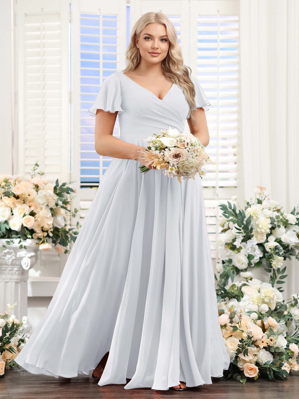 A Line V Neck Short Sleeves Split Side Ruched Chiffon Plus Size Bridesmaid Dresses