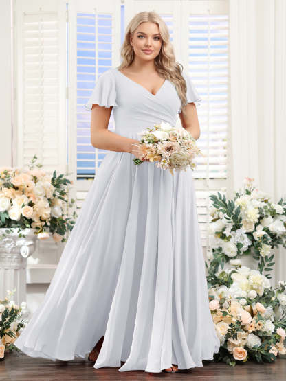 A Line V Neck Short Sleeves Split Side Ruched Chiffon Plus Size Bridesmaid Dresses
