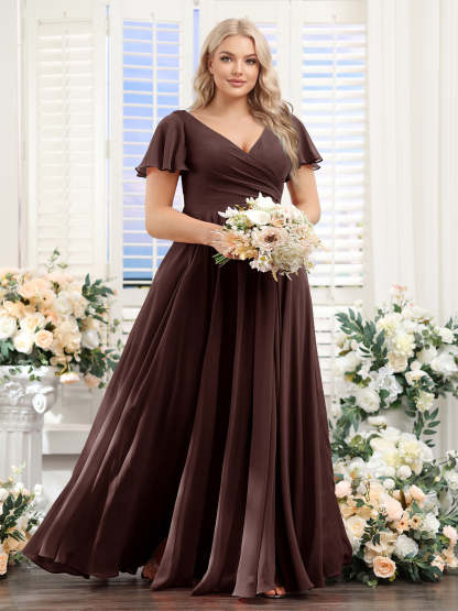 A Line V Neck Short Sleeves Split Side Ruched Chiffon Plus Size Bridesmaid Dresses