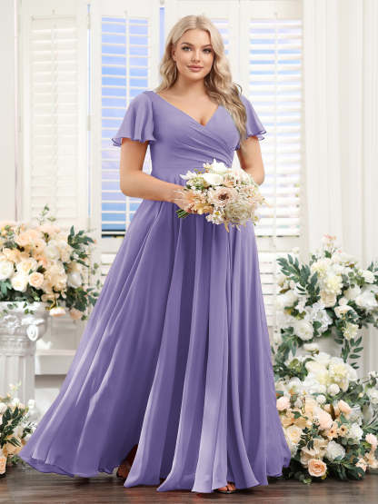 A Line V Neck Short Sleeves Split Side Ruched Chiffon Plus Size Bridesmaid Dresses