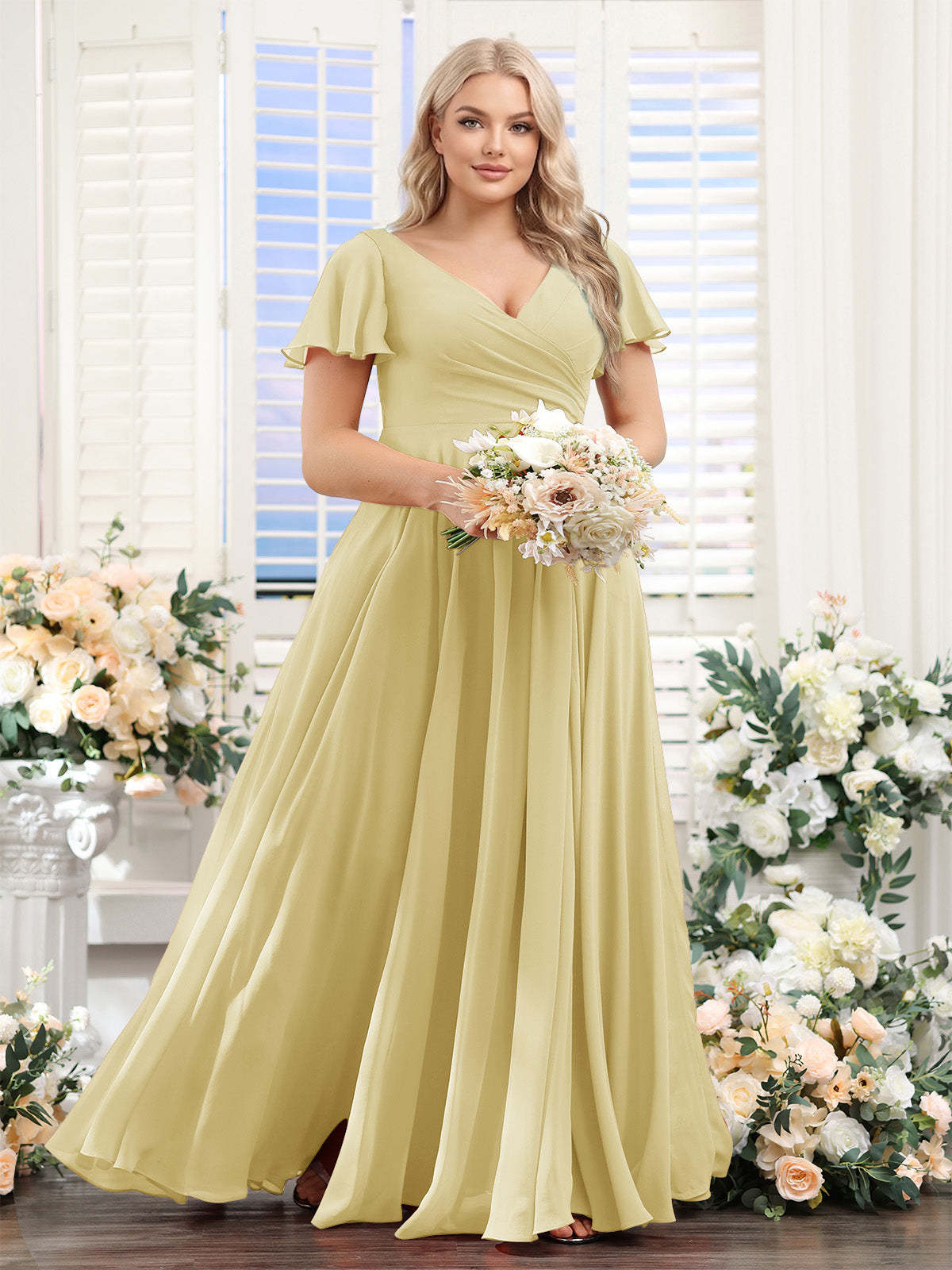 A Line V Neck Short Sleeves Split Side Ruched Chiffon Plus Size Bridesmaid Dresses
